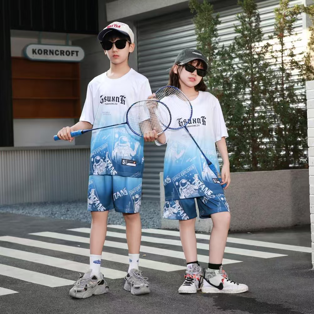 【夏季运动装两件套】2025男童女童新款儿童速干篮球服套装白蓝渐变