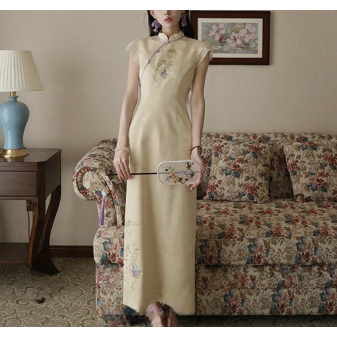 【郁金棠】重工刺绣提花蕾丝花边袖口旗袍连衣裙