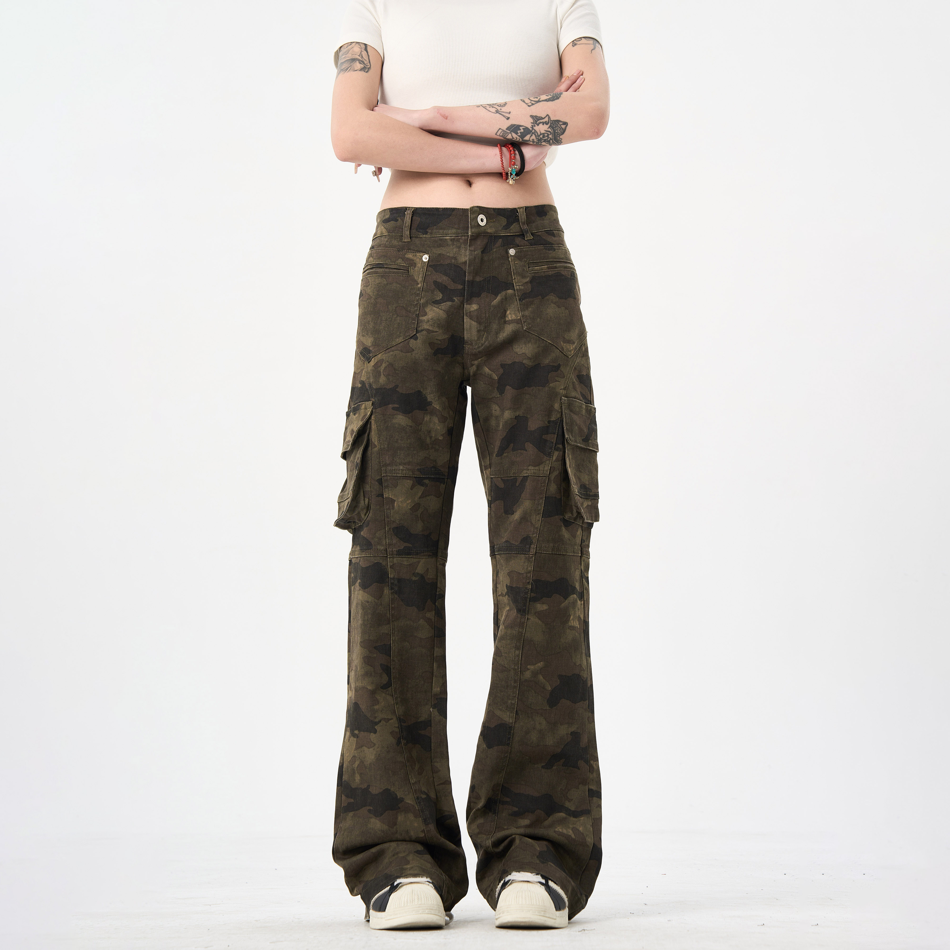 MAXME美式复古迷彩裤女款多口袋修身工装裤嘻哈直筒迷彩工装裤女