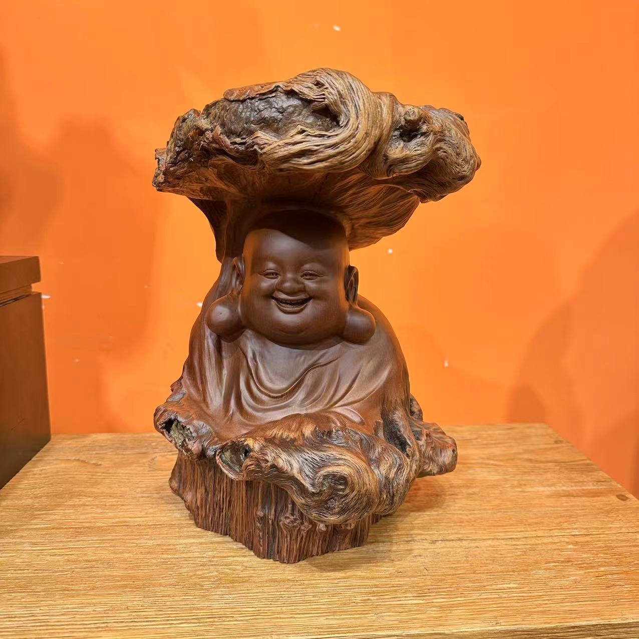 《荷气生财·弥勒》娑罗木手工雕刻摆件 尺寸：26-32