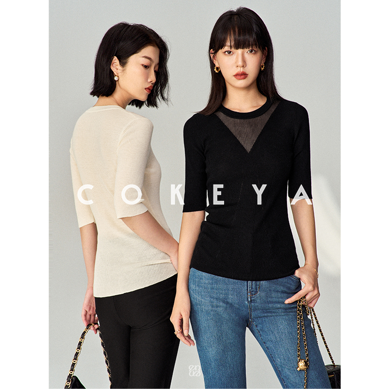 COKEYA/轻盈呼吸感~重工V领薄纱60支IOO%美利奴羊毛五分袖针织衫