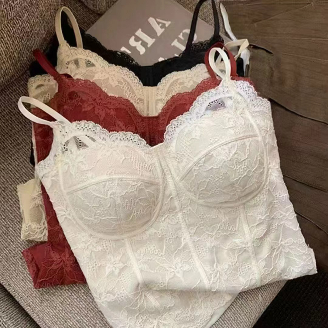 撩人蕾丝！法式V领磨毛保暖吊带背心女自带胸垫可外穿一体打底衫