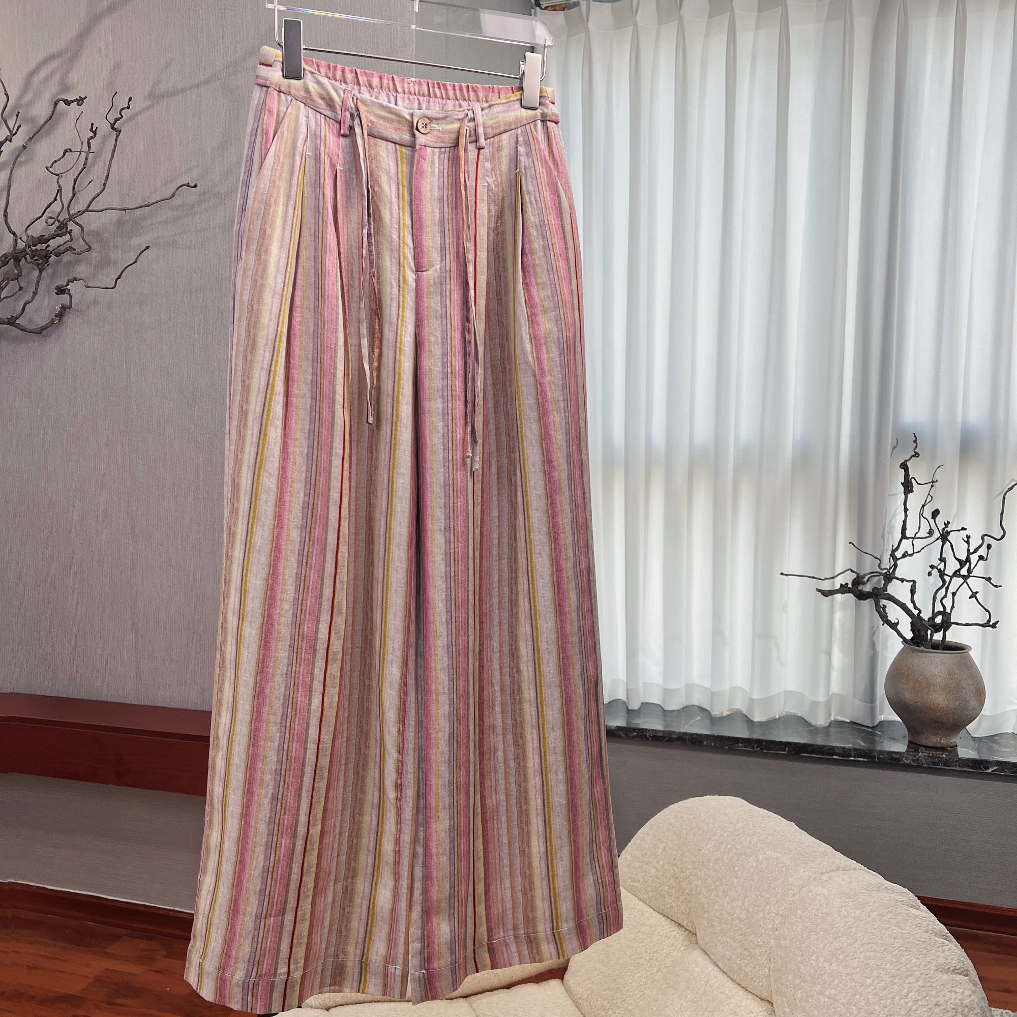 纯亚麻条纹休闲裤法式慵懒风时尚小众款透气舒适