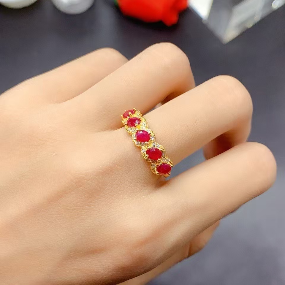天然红宝石鸽血红排戒爆款 主石3X4mm925银豪镶 A556