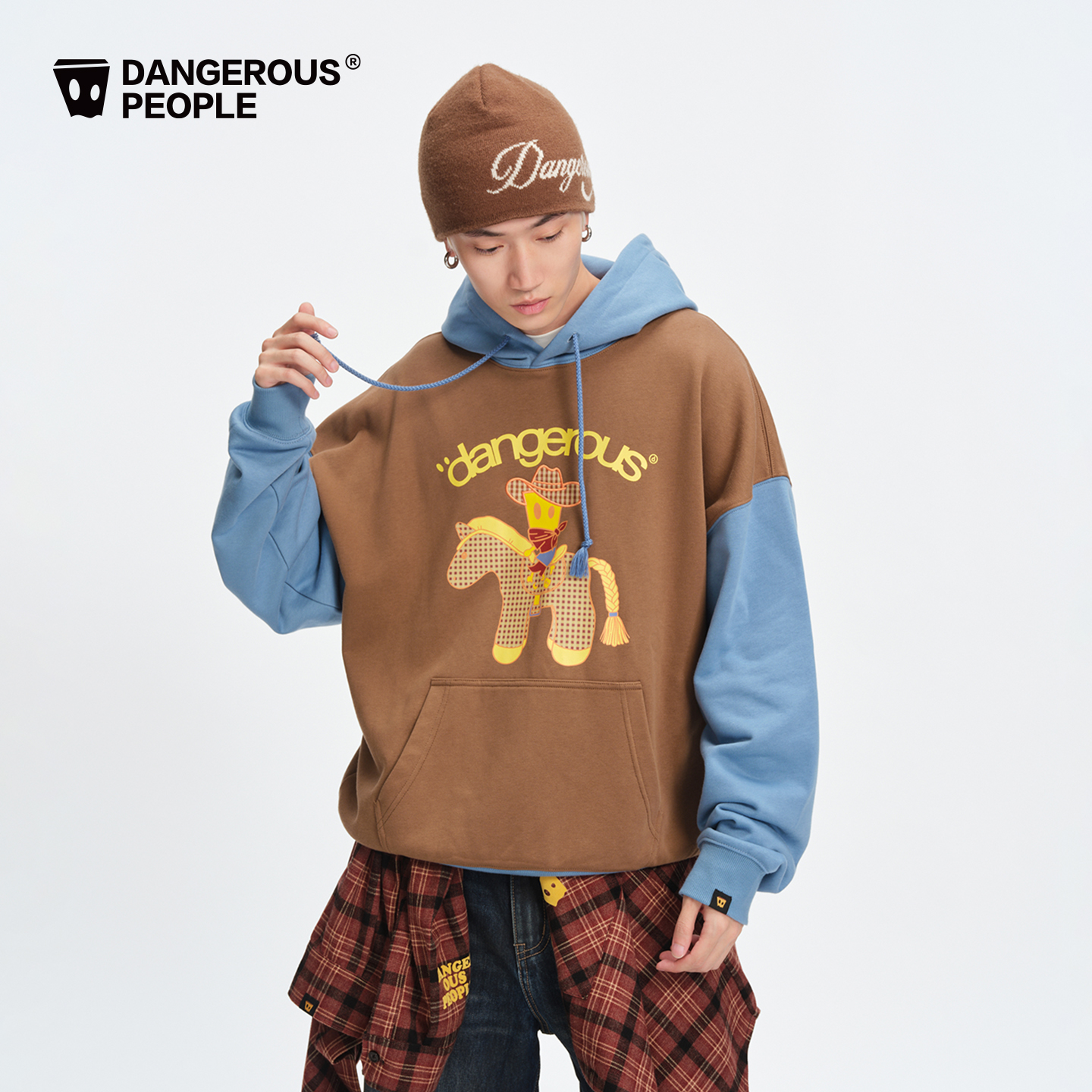 Dangerouspeople薛之谦dsp撞色贴布绣小马卫衣落肩宽松连帽上衣