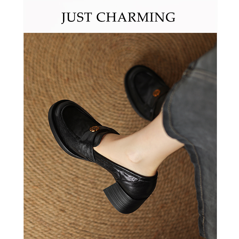 真皮黑色山茶花乐福鞋春秋爆款一脚蹬英伦风厚底增高单鞋女