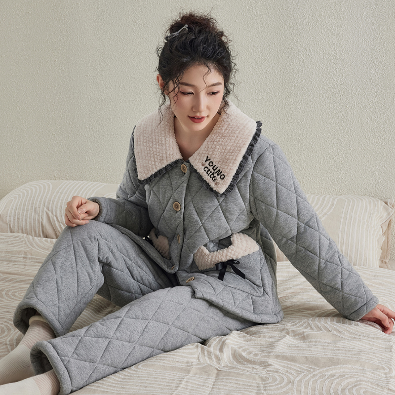 芬腾三层夹棉睡衣女士秋冬季珊瑚绒开衫加绒加厚保暖法兰绒家居服