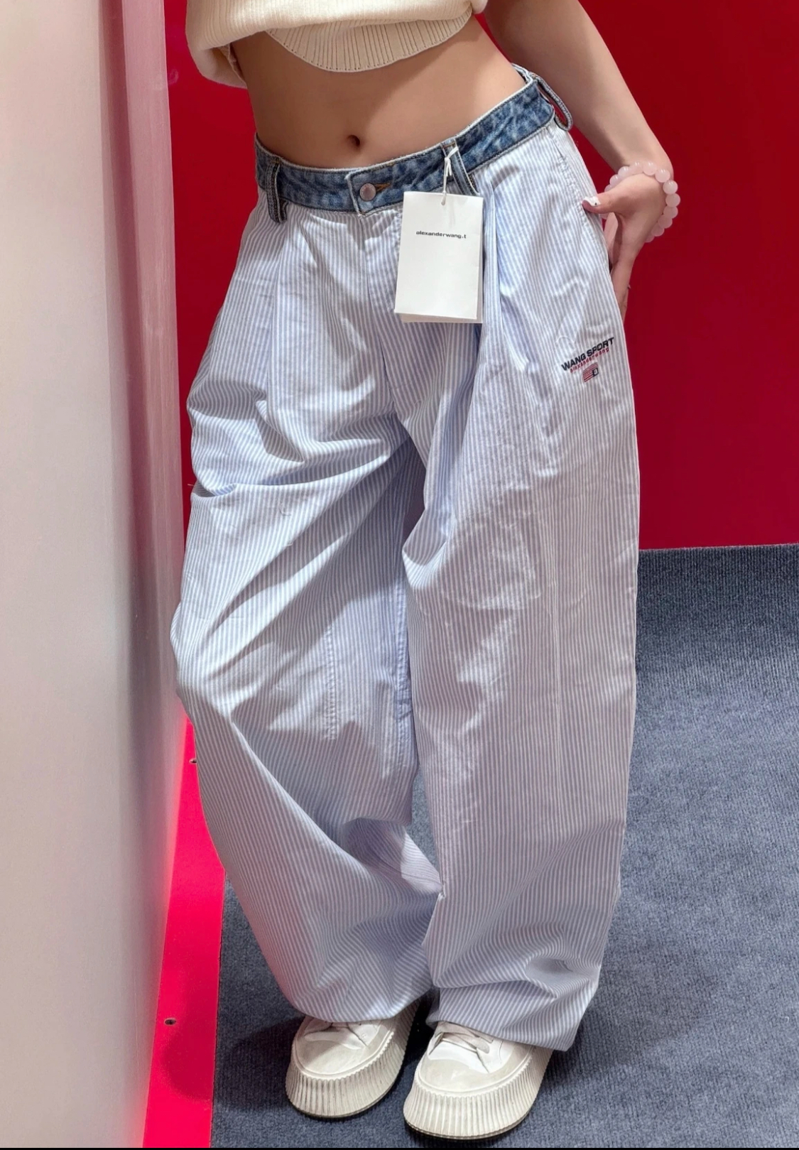 未使用 ALEXANDER WANG 拼接 拉链条纹 宽松阔腿 牛仔裤