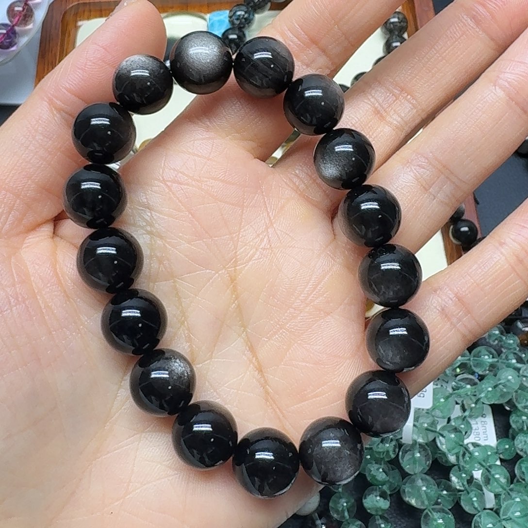 新***芳未镶嵌水晶手链银曜石手链