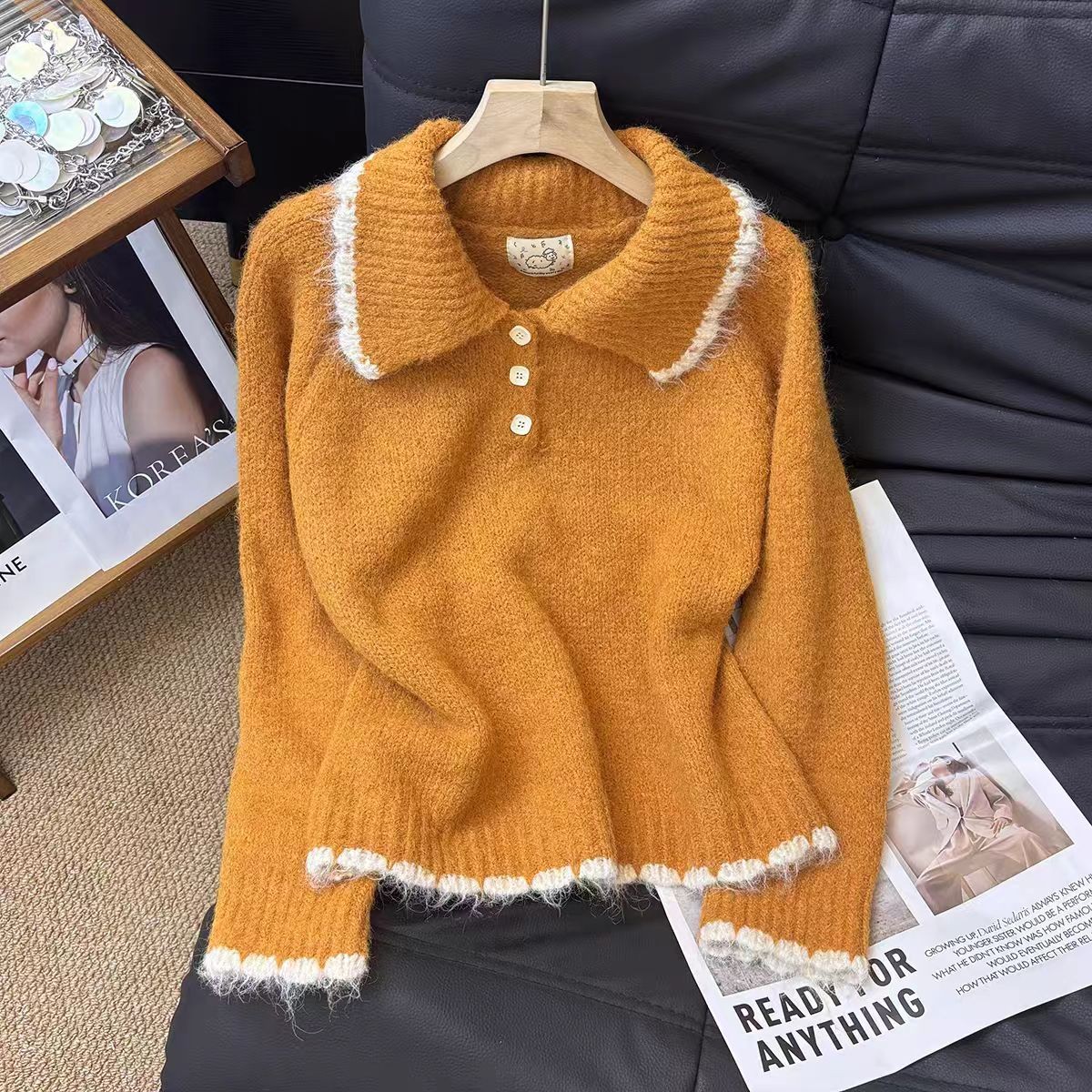 温柔甜美学院风套头宽松翻领毛衣女秋冬款气质软糯百搭针织衫上衣