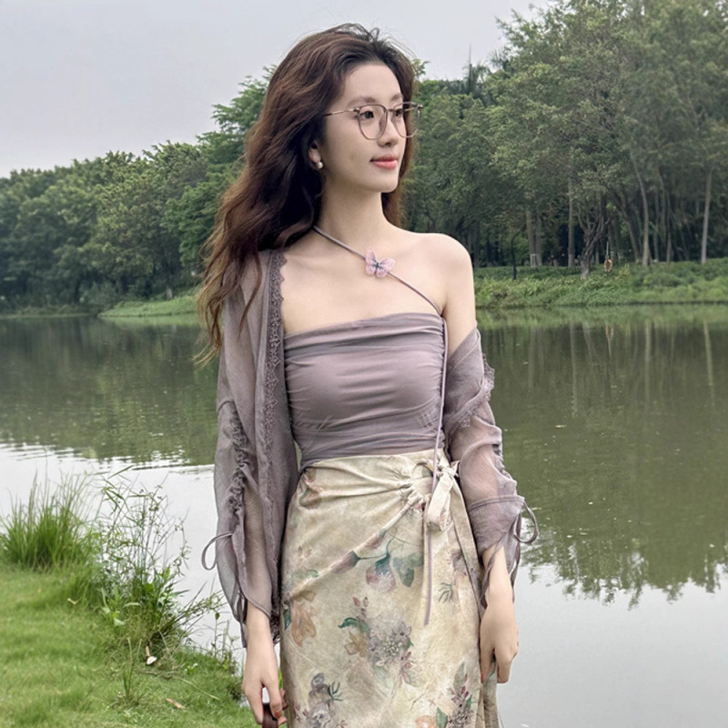 文艺淑女紫色开衫吊带半身裙三件套女夏季新款收腰显瘦花裙套装