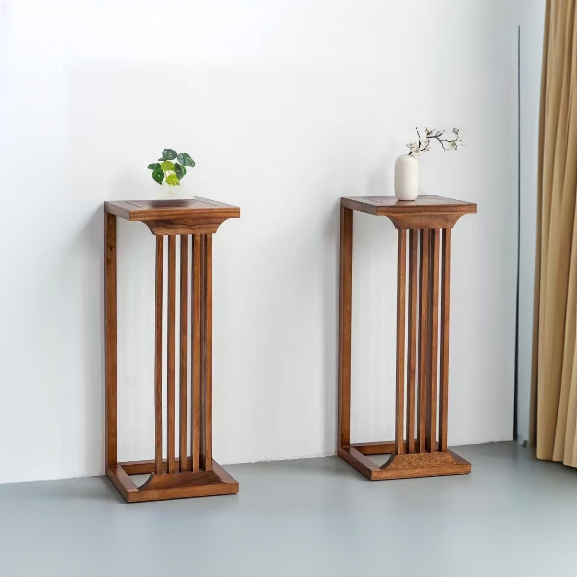 无贴皮新中式花架南美胡桃木新中式实木花架客厅家用落地置物架