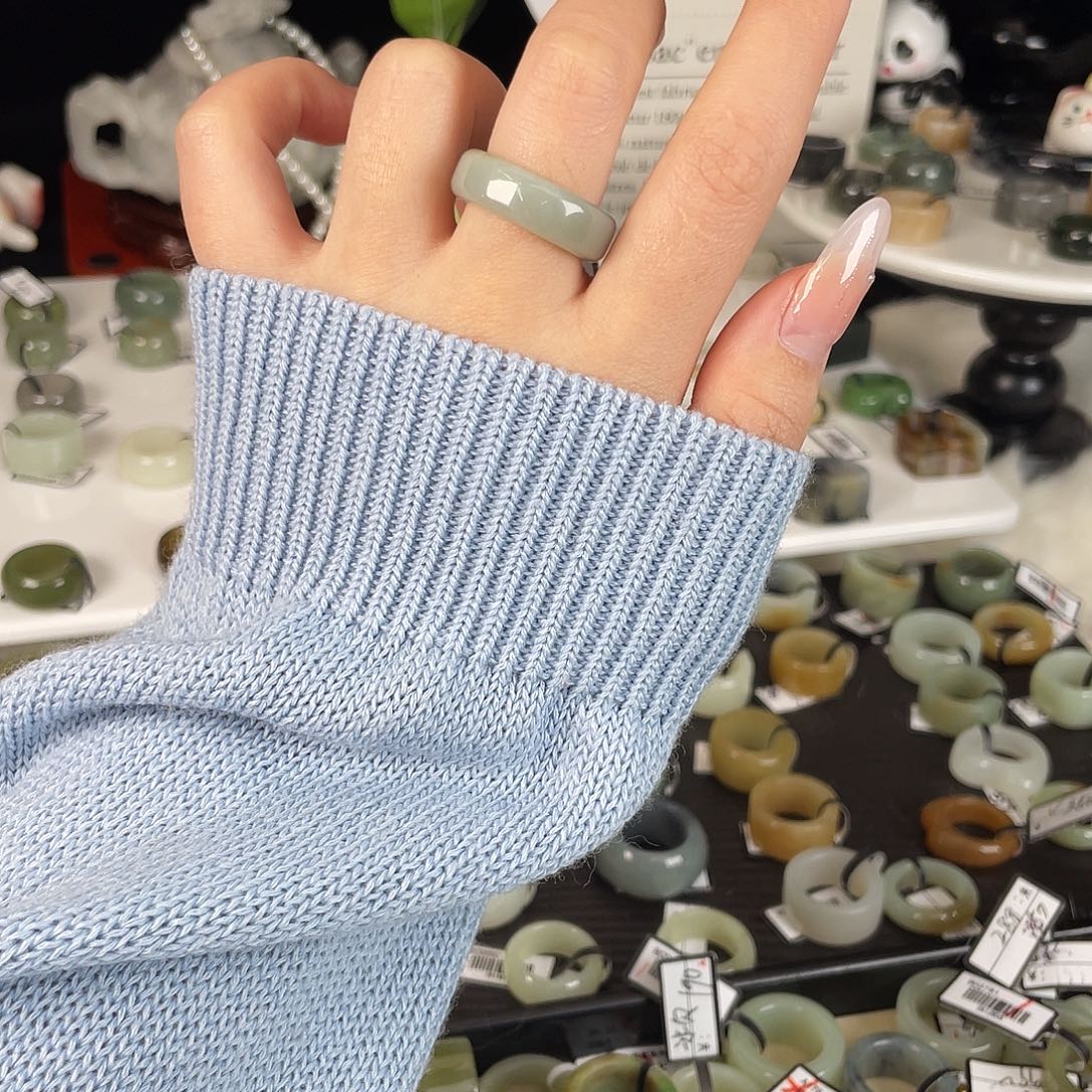 和田玉未镶嵌戒指h5奶蓝窄直切18有包容不退换