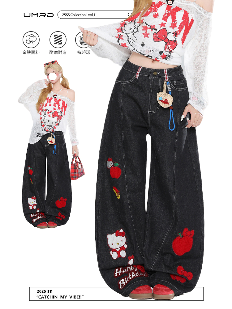 复古Kitty猫苹果刺绣牛仔裤女秋季新款设计感宽松显瘦阔腿裤子ins