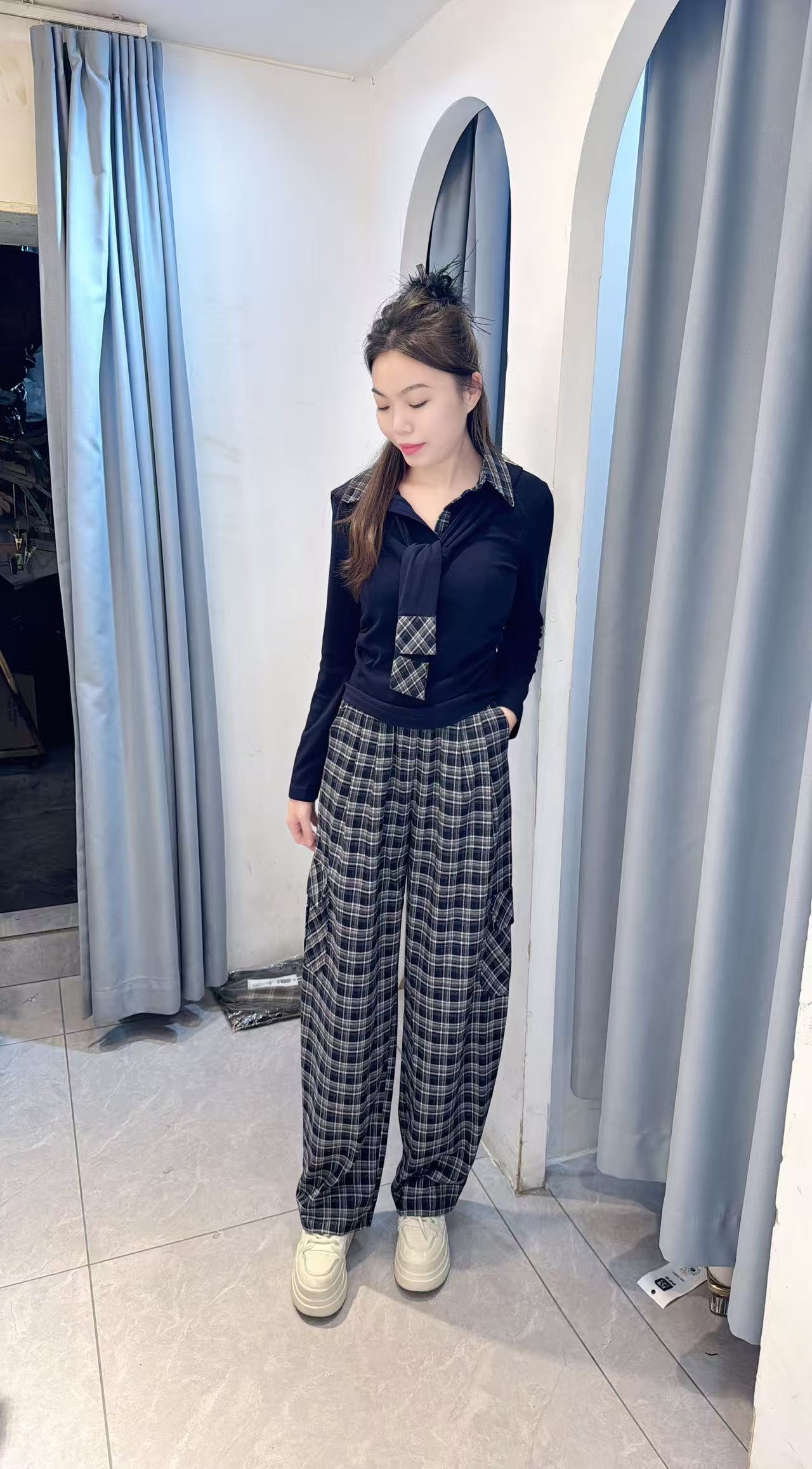 丹妮丝减龄休闲时尚套装长裤格子裤显瘦洋气两件套套装