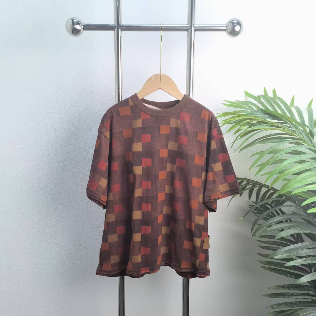 【3033】橘色格子复古风T恤B3-12