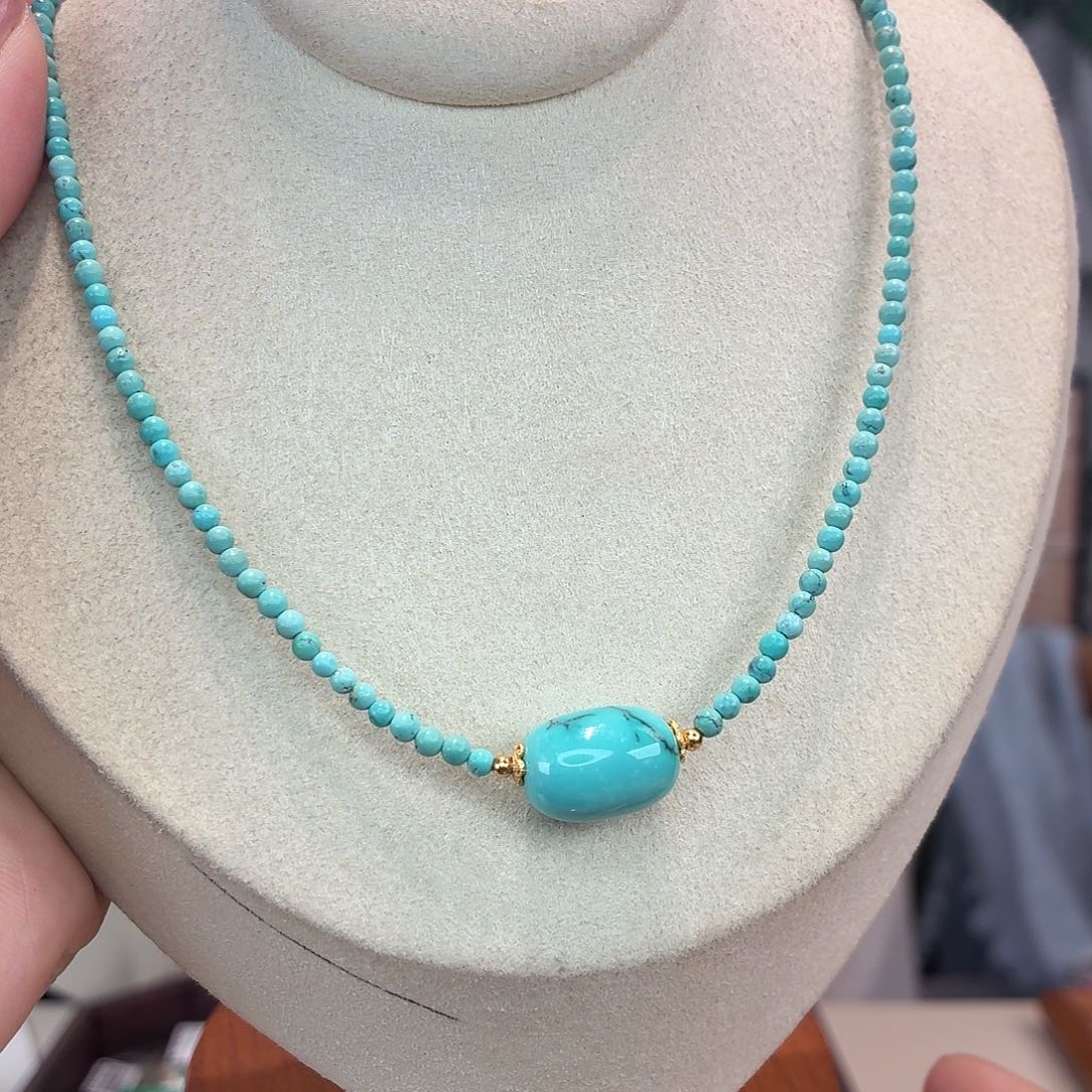 绿松石银S925镀金镶嵌项链