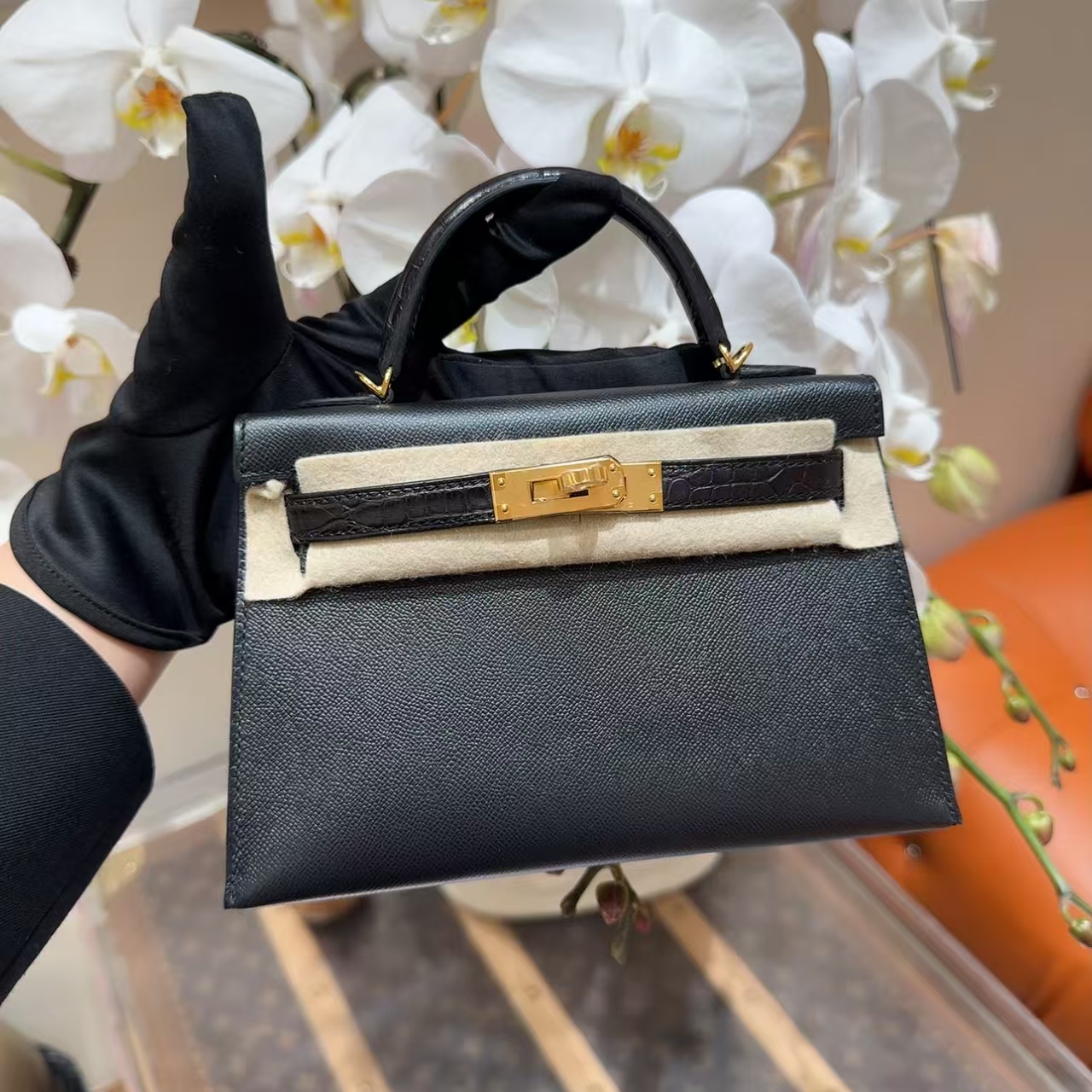 全新未使用 Hermes/爱马仕 mini Kelly二代黑色 E皮拼方块鳄鱼皮
