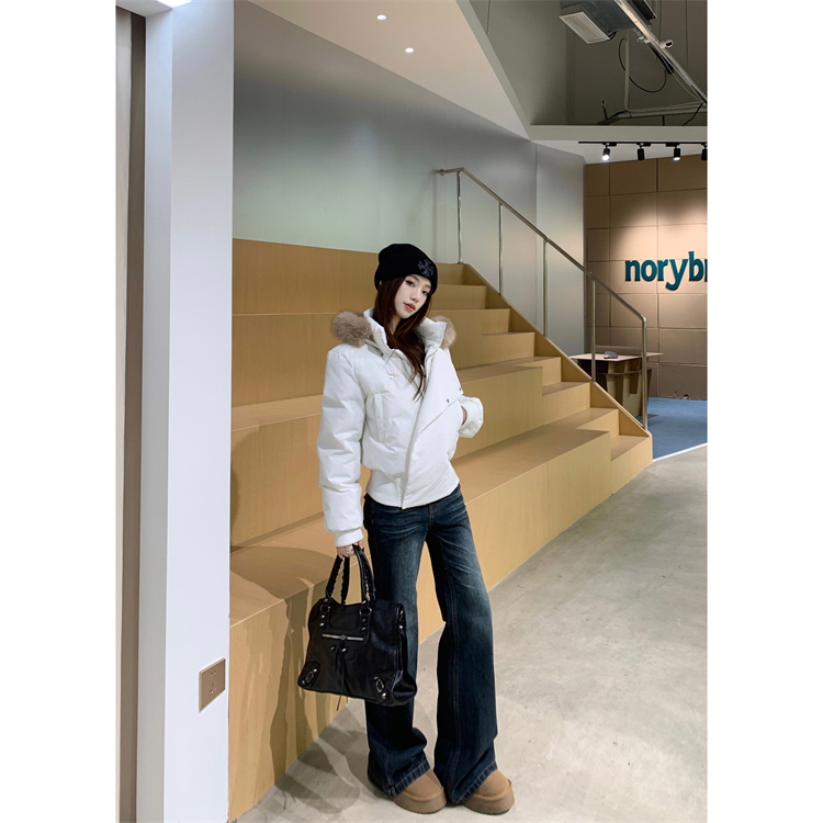设计感白色毛领短款棉服女冬季新款防水收腰连帽加厚外套35725#