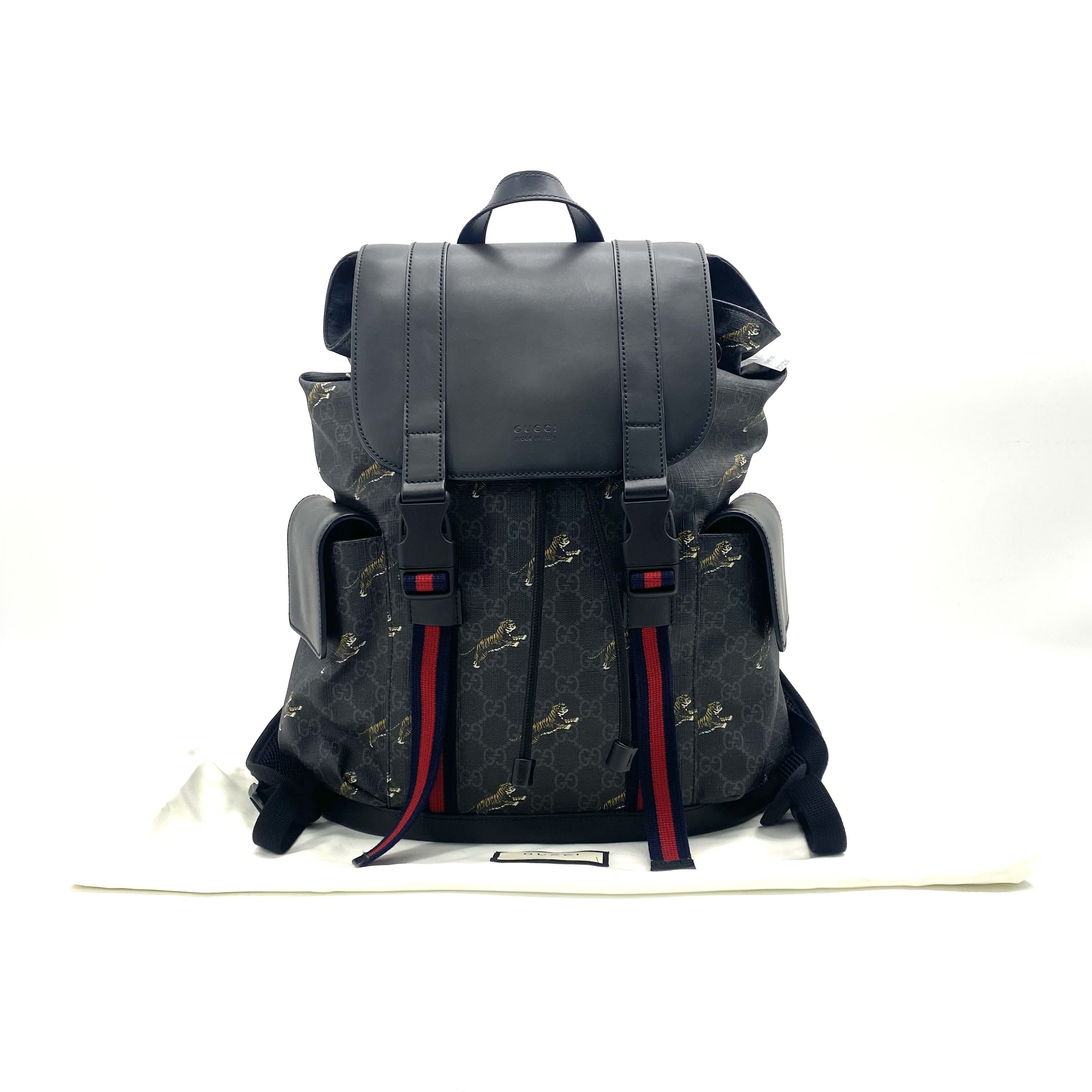 99新 GUCCI/古驰 经典黑老花上山虎双扣双肩包  尺寸34/42 双肩背