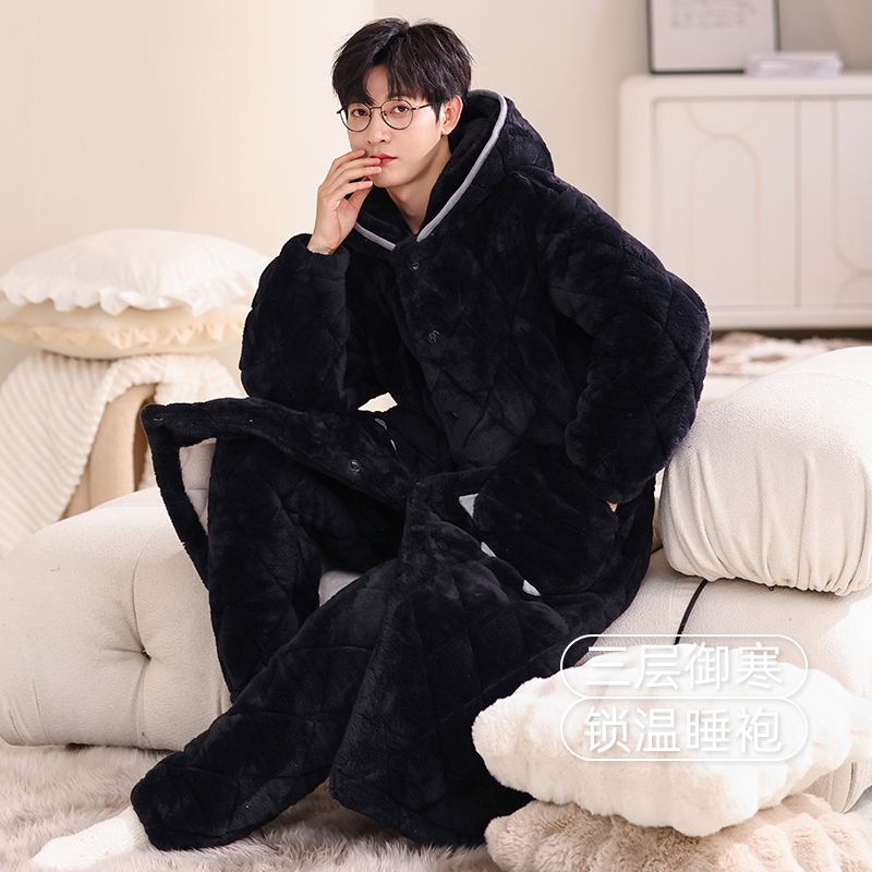 睡衣男珊瑚绒三层夹棉加厚加绒冬季套装2025年新款可外穿家居服