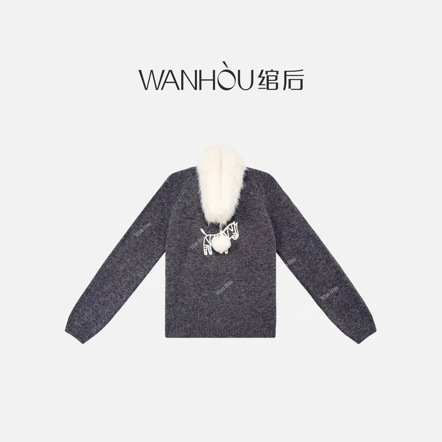 【C4480】绾后-新款百搭列目小马刺绣毛领针织女装SS