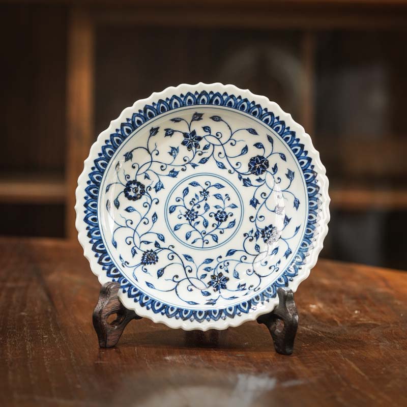 青花缠枝莲葵口壶承，缠枝茶具套组