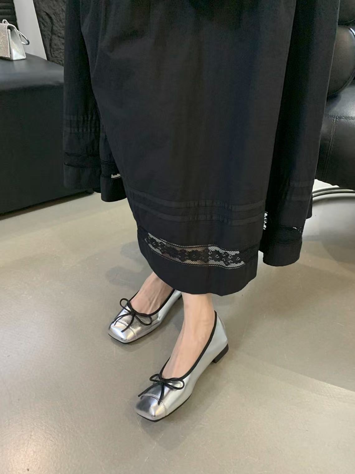 软底夏季单鞋尖头浅口拼色鞋子凉鞋方头跟鞋蝴蝶结