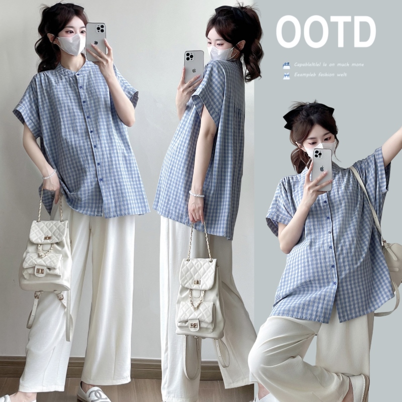 U2025夏季新款孕妇装T恤衬衫大码时尚洋气休闲宽松格子