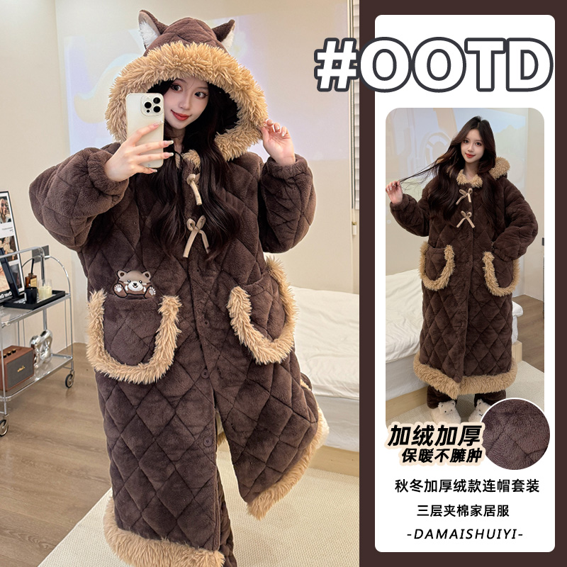 法兰绒睡衣女秋冬2025新款加绒加厚保暖学院风可外穿家居服套装