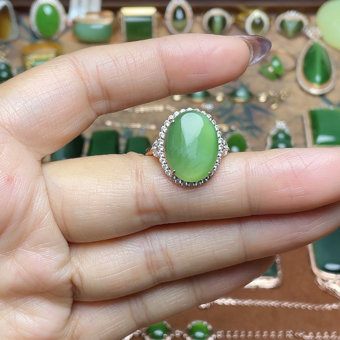 和田玉（碧玉）银S925镶嵌吊坠(不含链)戒指