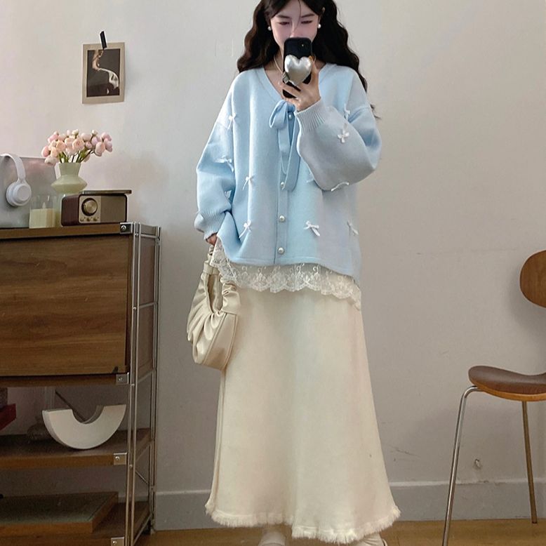 包包专属秋季新款蝴蝶结宽松软糯减龄时尚套装9013