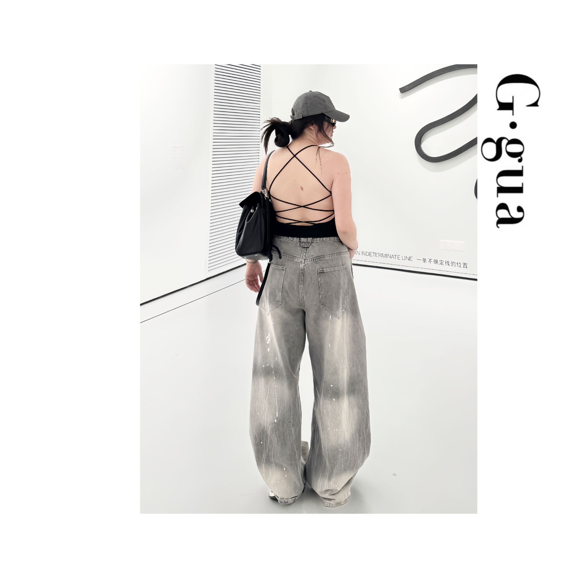 【张_Ggua】大码水洗泼墨设计弯刀牛仔裤女街头宽松显瘦阔腿裤女