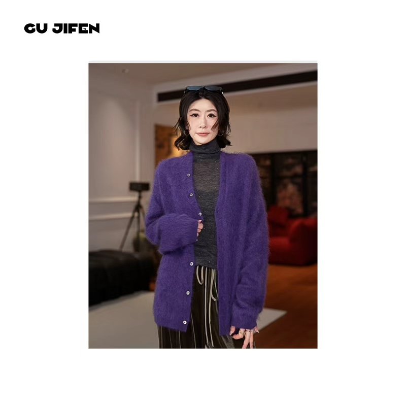 GU JIFEN｜微醺鎏金｜复古红色软糯宽松显瘦百搭毛衣开衫 X58119