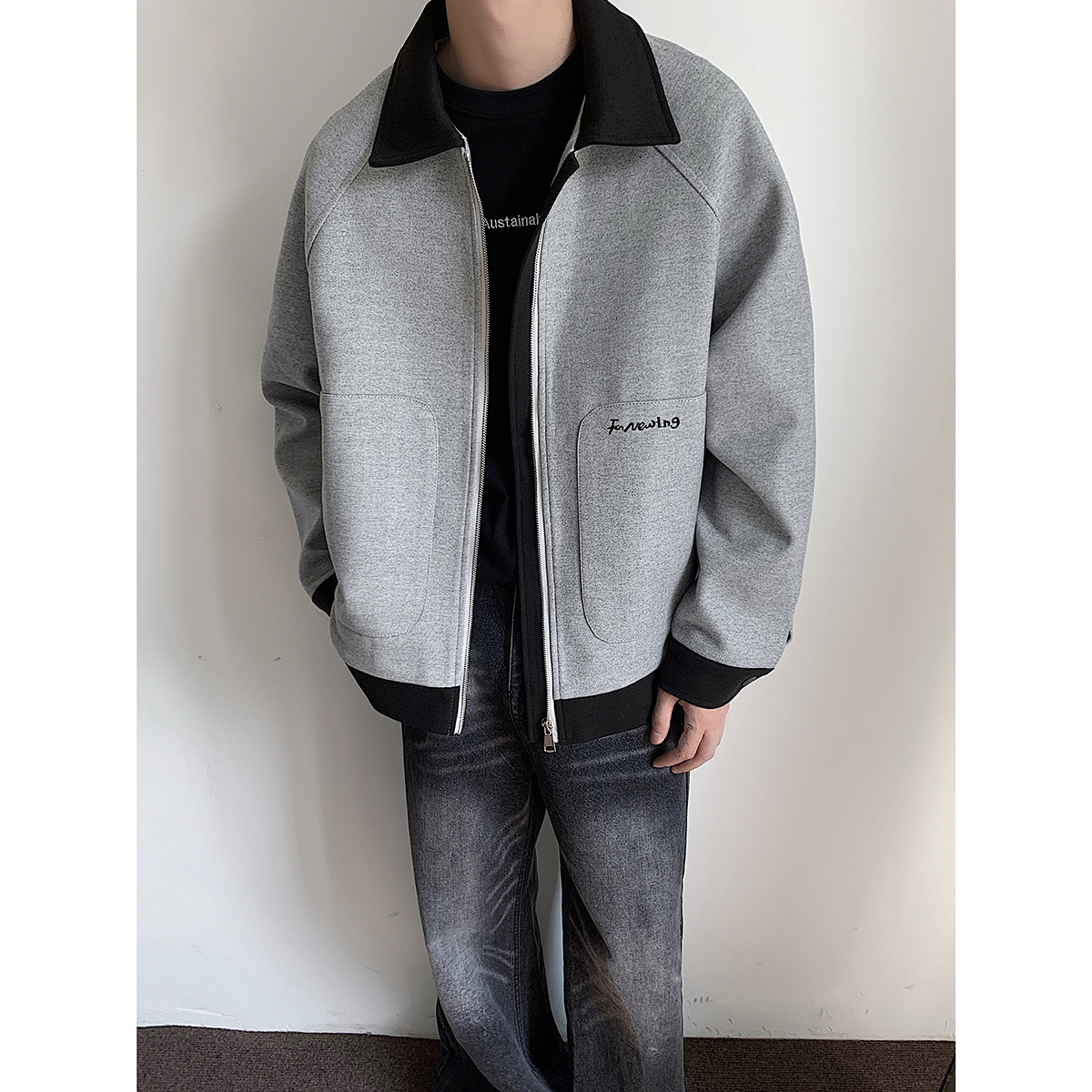 【12379包邮】2025秋季新款青少年港风宽松翻领毛呢夹克撞色外套