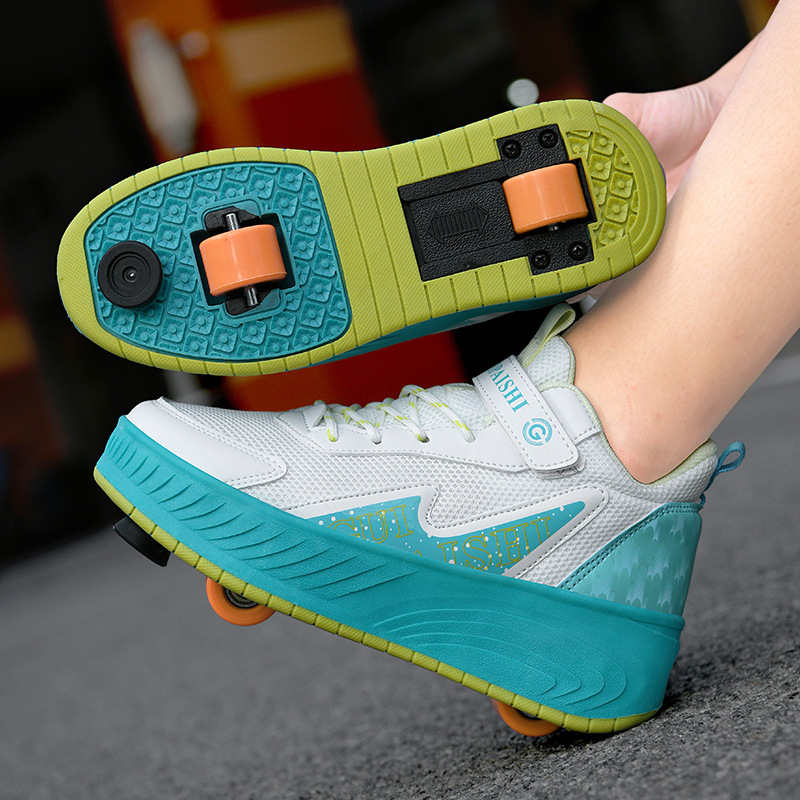 新款升级暴走可收缩鞋带刹车男童爆走鞋女童滑轮鞋轮四轮双轮