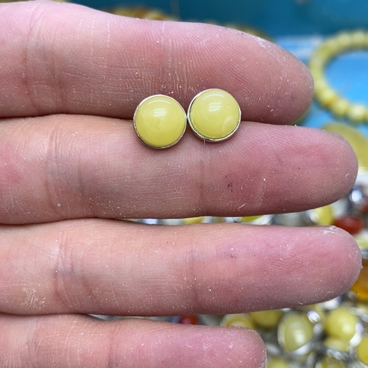 蜜蜡裸石银S925镶嵌耳钉