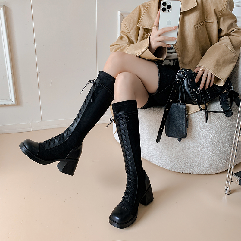 【跟高7cm】时装靴到膝盖靴子长靴英伦风时尚长筒骑士粗跟秋季1029