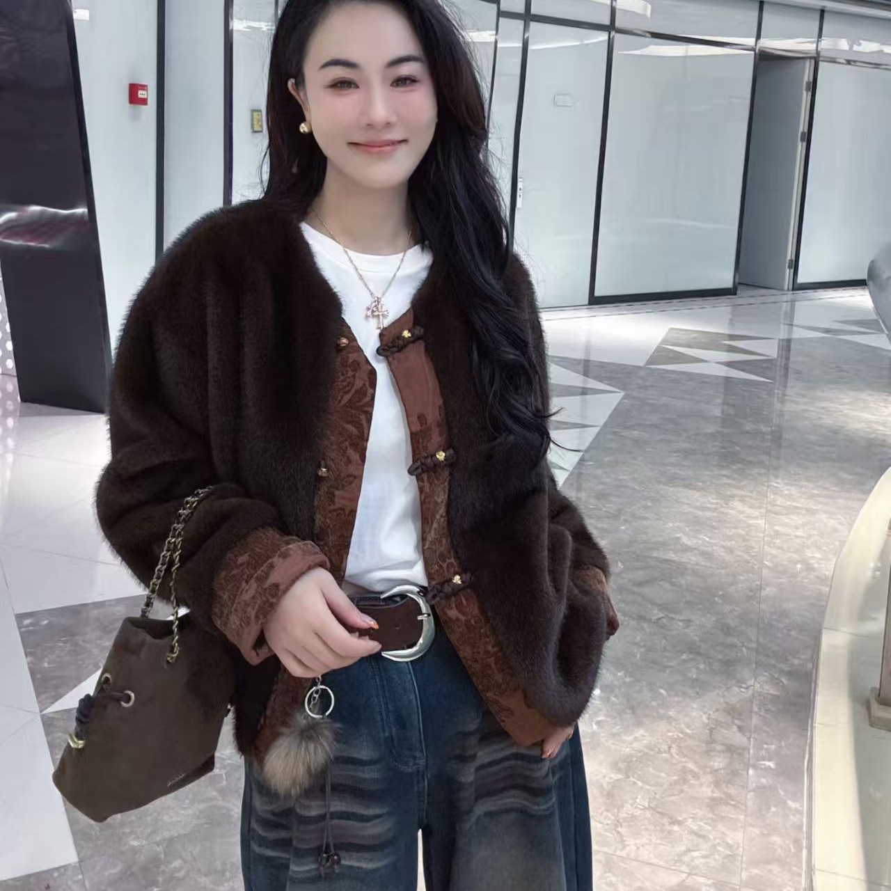 【婷姐家】欧货高质轻奢系列贵气华丽金丝绒提花刺绣气质毛毛短外套