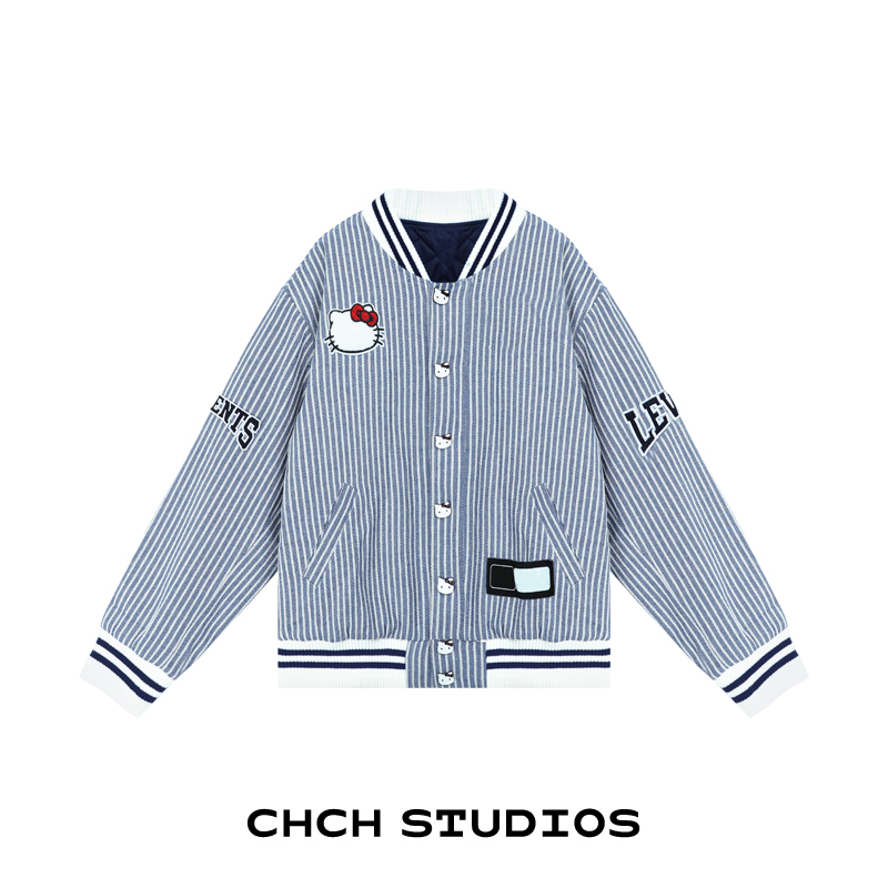 RAWT103687秋冬时尚撞色条纹学院风棉服上衣棒球服外套女