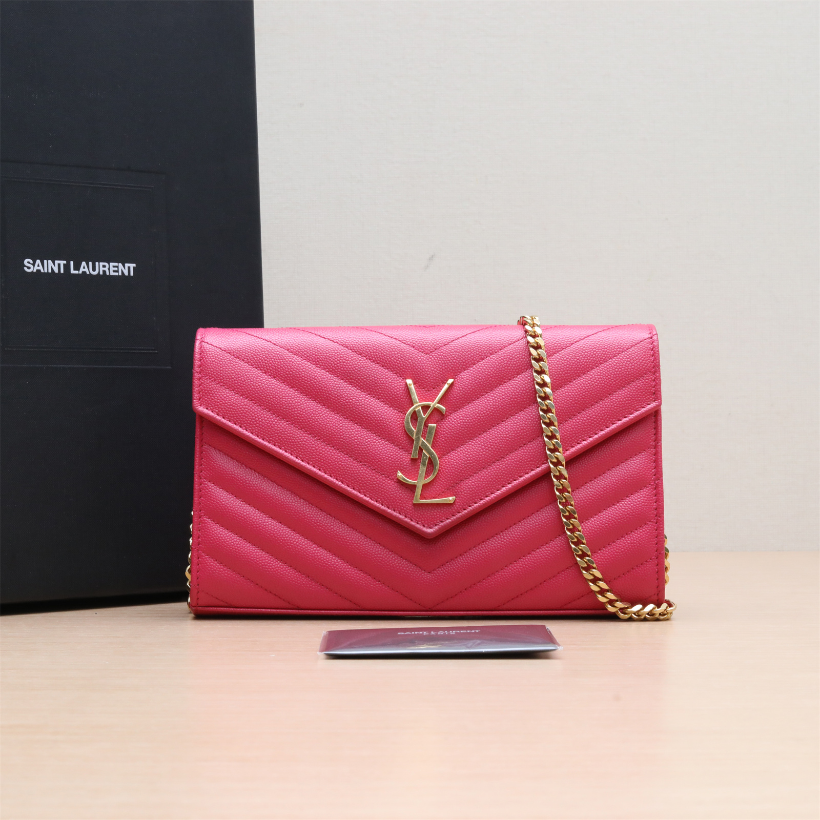 95新 YSL/圣罗兰  链条包 玫红 皮革C 金扣 P244068610