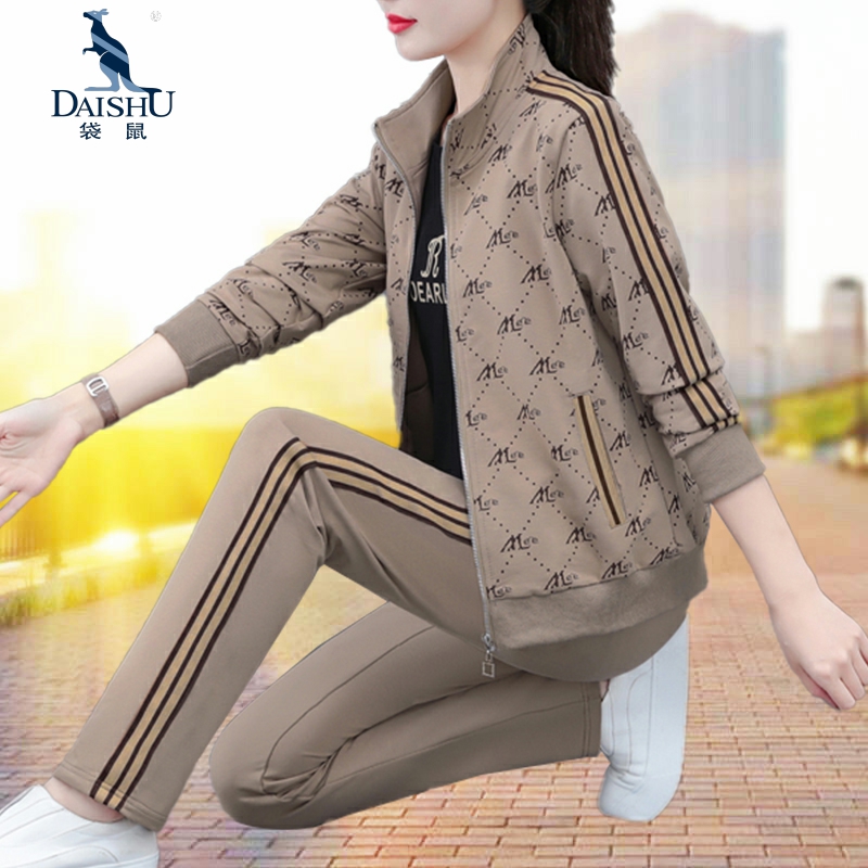 袋鼠休闲运动套装女2025新款春秋季时尚洋气减龄妈妈一整套三件套
