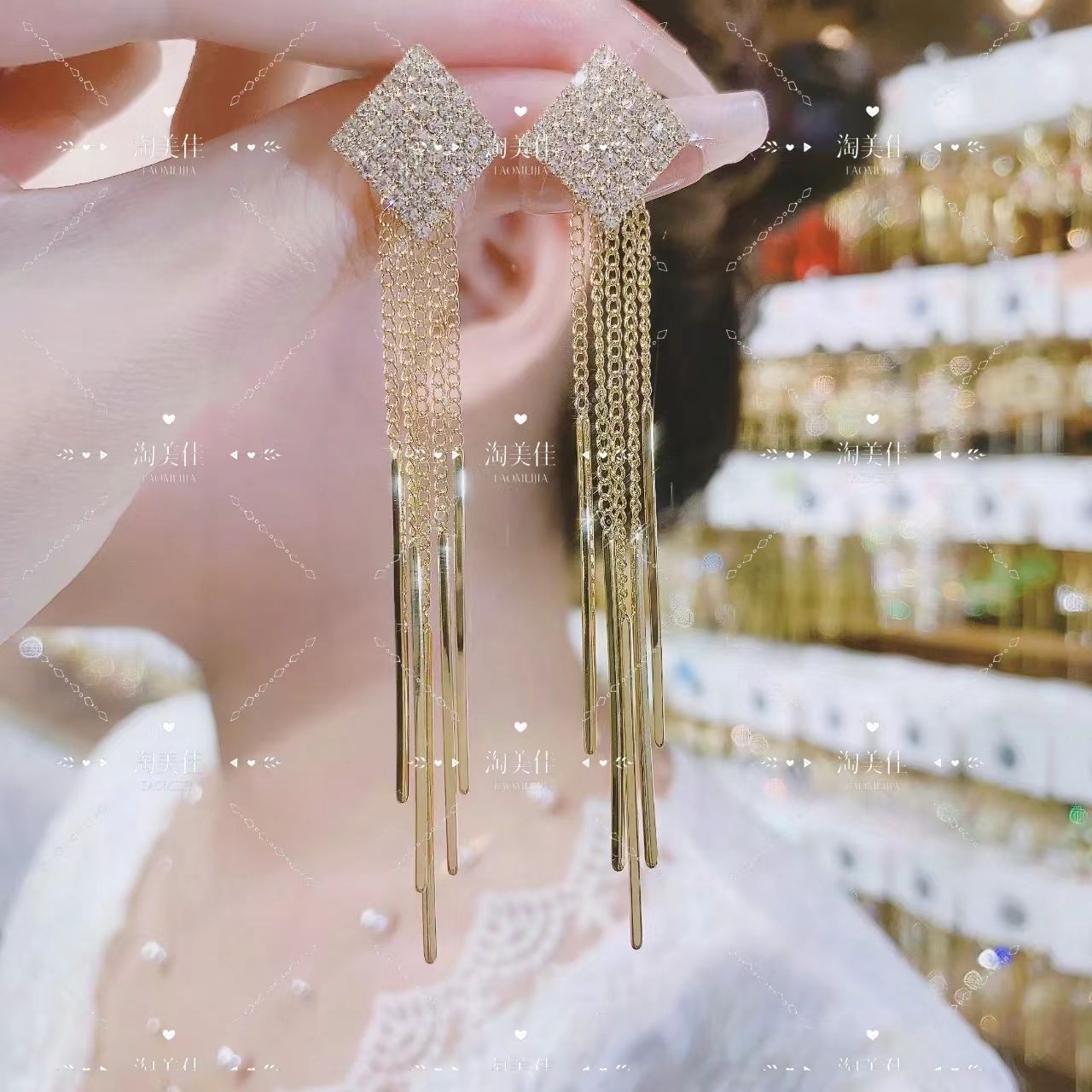 铜合金耳饰 时尚高级感满钻流苏 金色时尚精致简约奢华款耳环G164