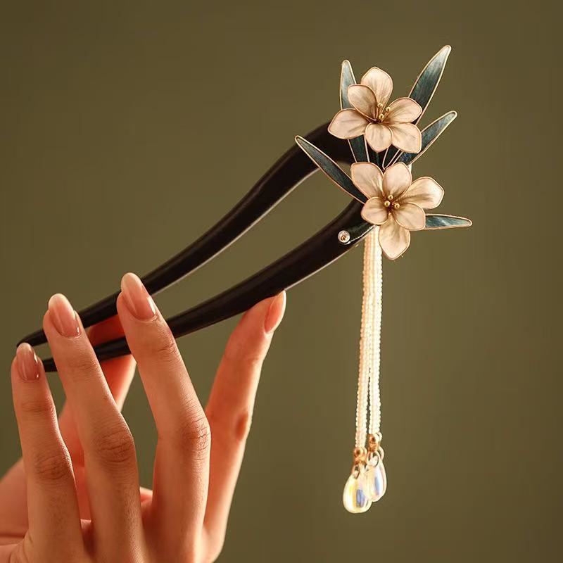 新中式手工绒花檀木发簪发钗古典步摇盘发簪古风汉服2025绒花发簪