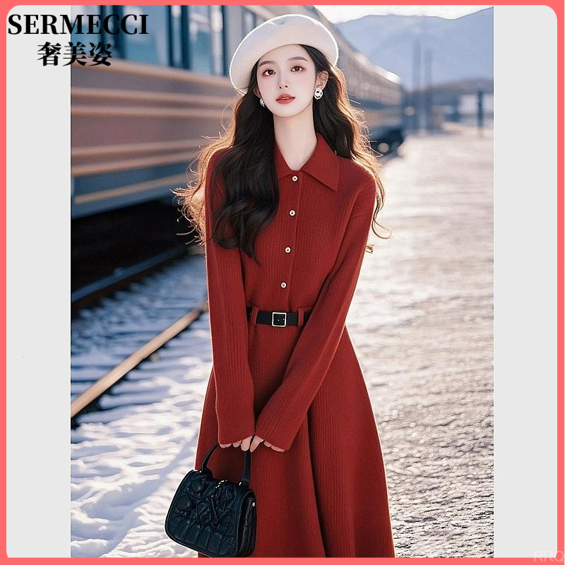 【稻香】春季钓系约会内搭毛衣长裙红茶风穿搭红色针织打底连衣裙