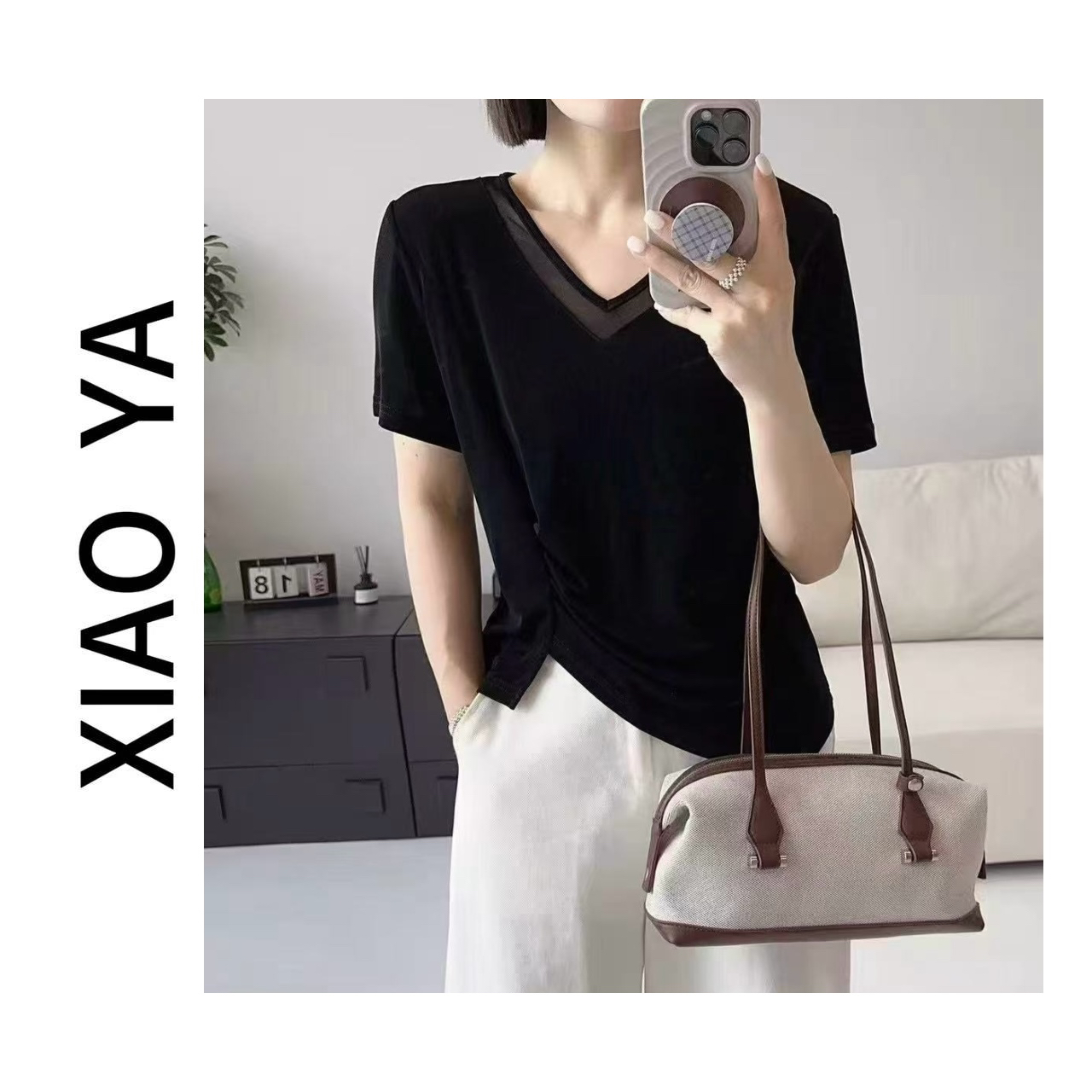 8573夏季新款简约气质V领侧收腰醋酸显瘦百搭上衣