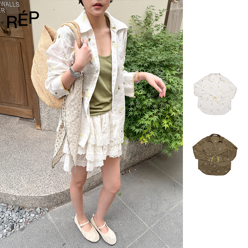 Puzzle piece设计师品牌卡其绿/白色花卉刺绣衬衫 25PF【特价NO退】