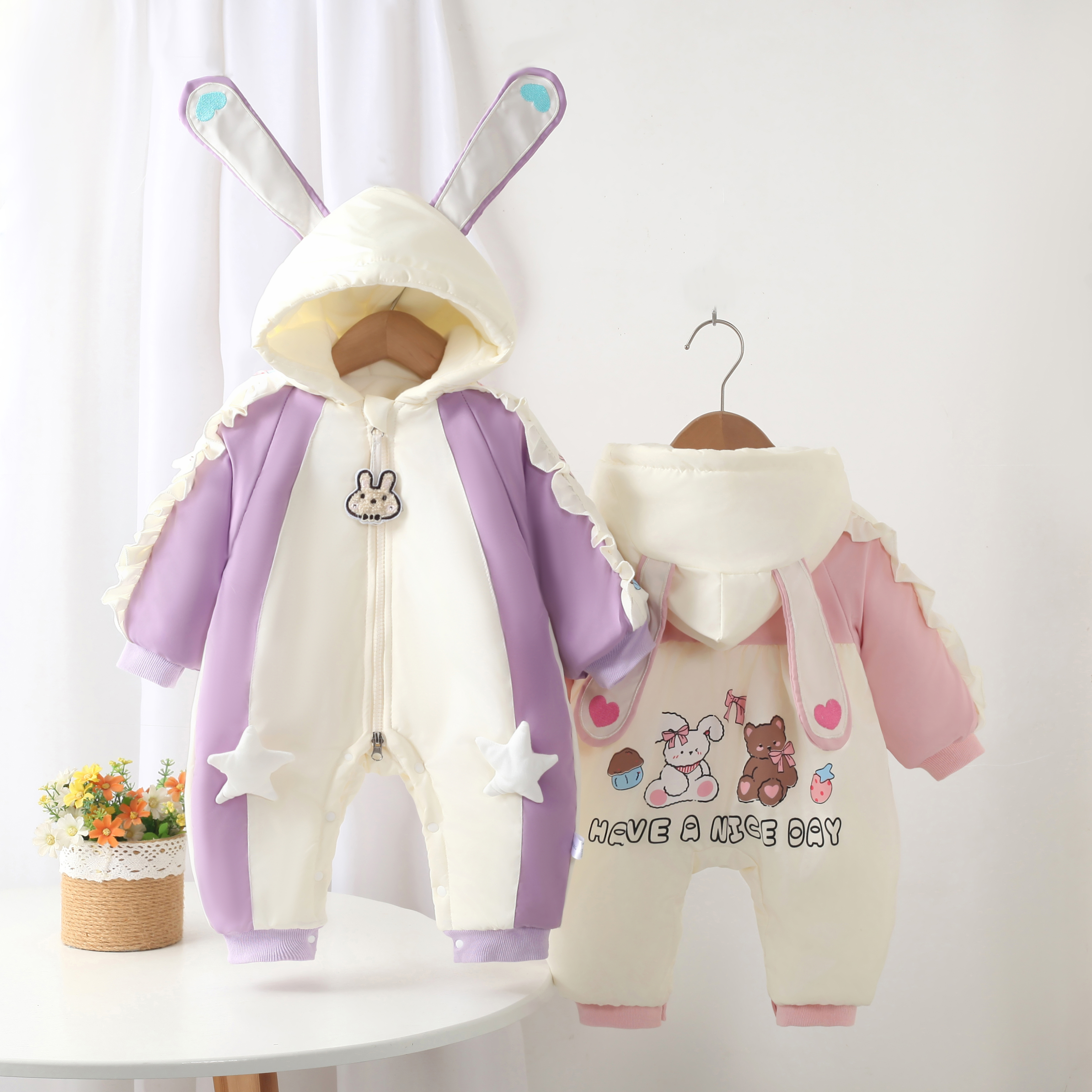 【冬季新款】婴儿连帽冬季加厚外出服宝宝衣服兔耳朵插肩厚棉哈衣