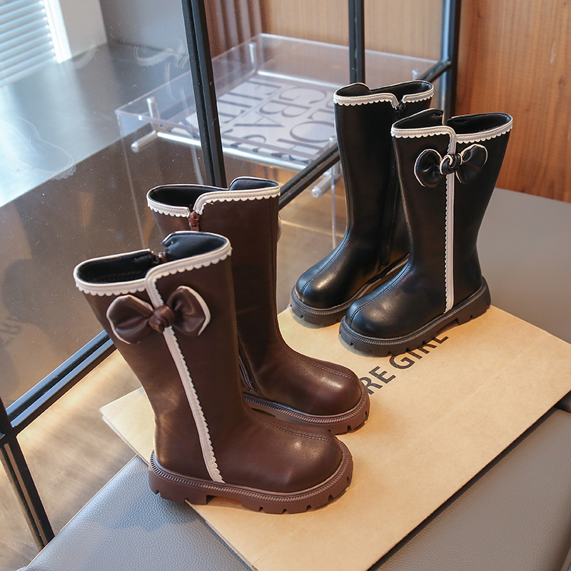 时尚女童蝴蝶结长筒靴儿童秋冬季新款透气英伦风高筒洋气公主皮靴