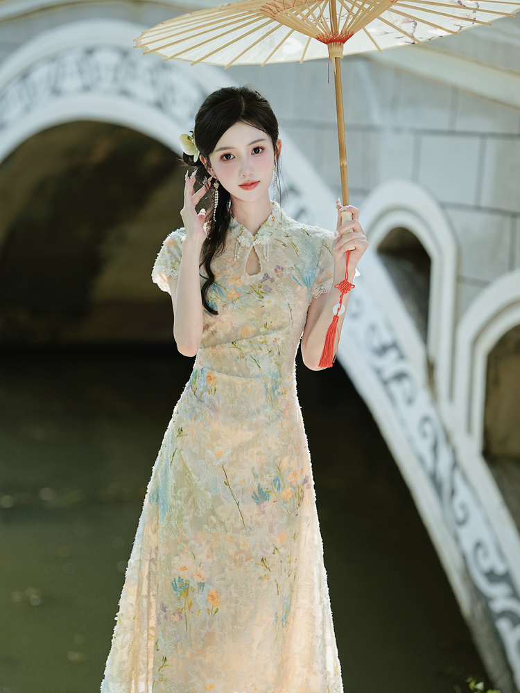 现522-7#复古新中式国风改良烧花旗袍高级感修身气质连衣裙